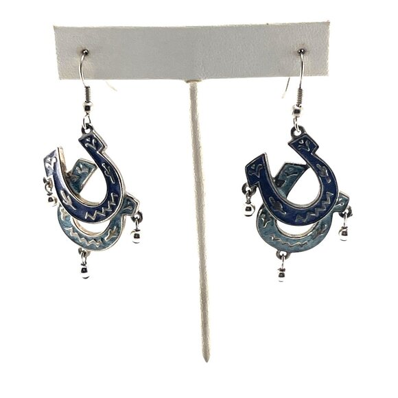 Barse Horse Shoe Dangle Earrings By Barse In Silver & Blue - Picture 4 of 10